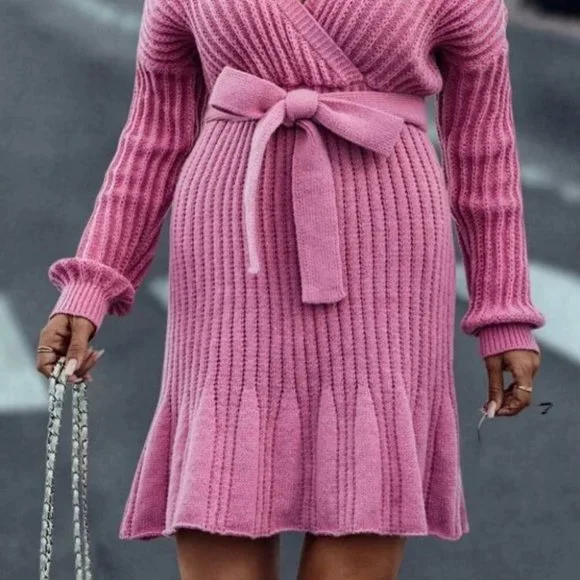 Lace Detailed Cold Shoulder Long sleeve Belted Sweater Dress Pink - Picture 4 of 9